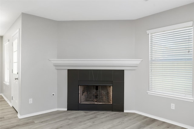 details featuring baseboards, wood finished floors, and a tiled fireplace