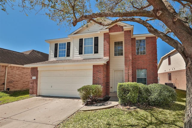 traditional-style house featuring brick siding, central air condition unit, driveway, and a garage