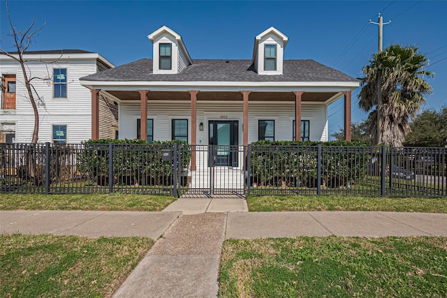 view of front of property with a fenced front yard, a porch, and roof with shingles