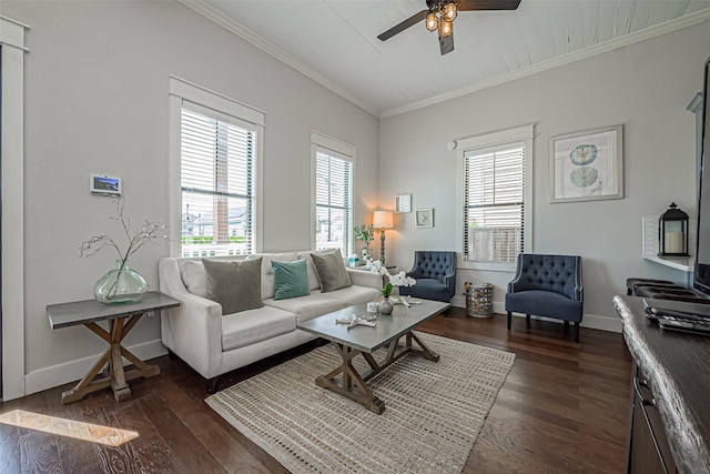 living room with crown molding, baseboards, and dark wood-type flooring