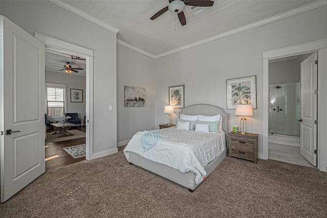 bedroom featuring crown molding, a ceiling fan, baseboards, and carpet floors