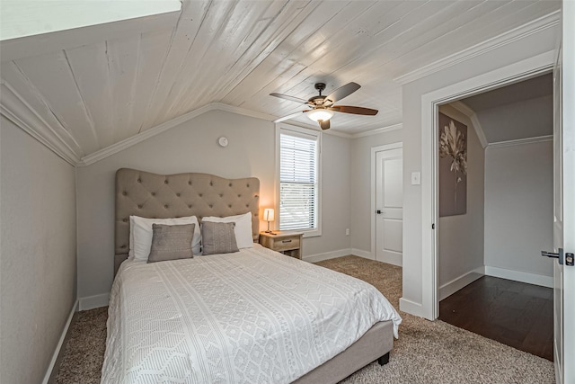 bedroom with baseboards, wooden ceiling, crown molding, and vaulted ceiling