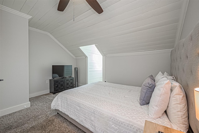 carpeted bedroom featuring ceiling fan, baseboards, wood ceiling, ornamental molding, and vaulted ceiling