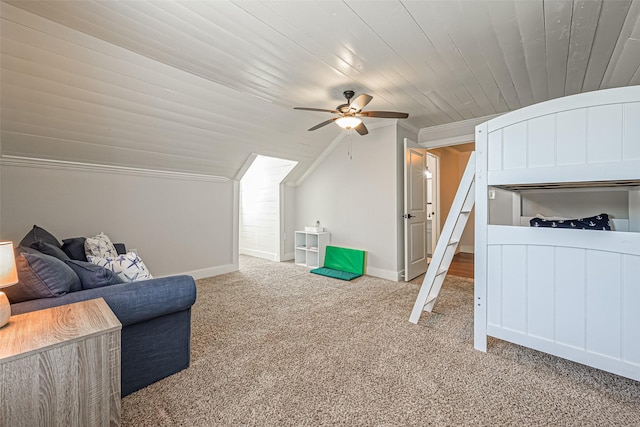 bedroom with baseboards, carpet floors, vaulted ceiling, wood ceiling, and crown molding