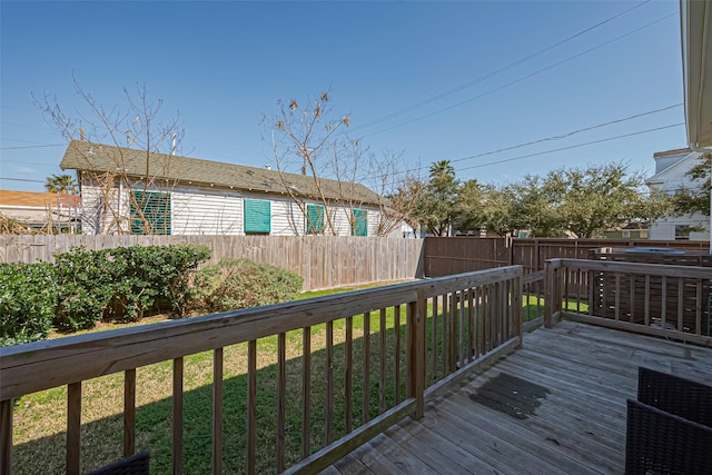 wooden terrace featuring a yard and a fenced backyard