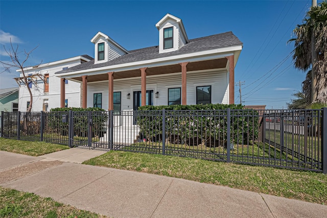 view of front of property featuring a fenced front yard, a porch, a front yard, and roof with shingles