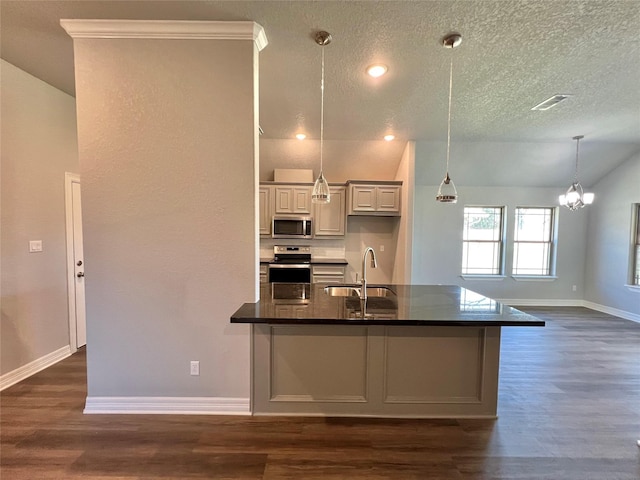 kitchen featuring dark wood-type flooring, baseboards, vaulted ceiling, appliances with stainless steel finishes, and a sink