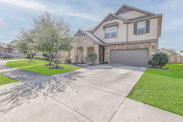 craftsman-style house featuring stone siding, a garage, driveway, and a front yard