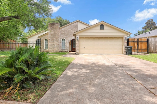 view of front of property featuring a gate, concrete driveway, a garage, and fence