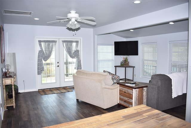 living room featuring visible vents, recessed lighting, french doors, wood finished floors, and a ceiling fan