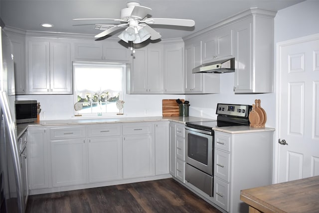 kitchen featuring under cabinet range hood, white cabinetry, stainless steel appliances, light countertops, and dark wood-style flooring