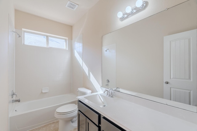 full bathroom with visible vents, toilet, vanity, and shower / tub combination