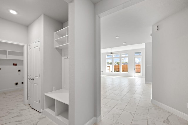 mudroom with recessed lighting, baseboards, marble finish floor, and ceiling fan