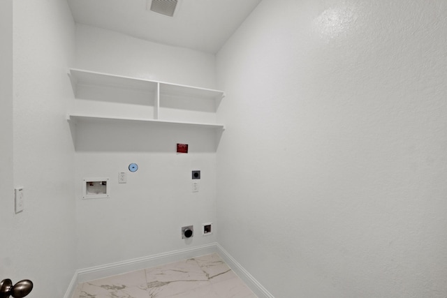 clothes washing area with visible vents, baseboards, hookup for a gas dryer, marble finish floor, and electric dryer hookup