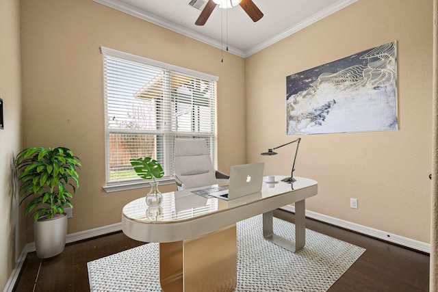 office with dark wood-type flooring, visible vents, baseboards, and ornamental molding