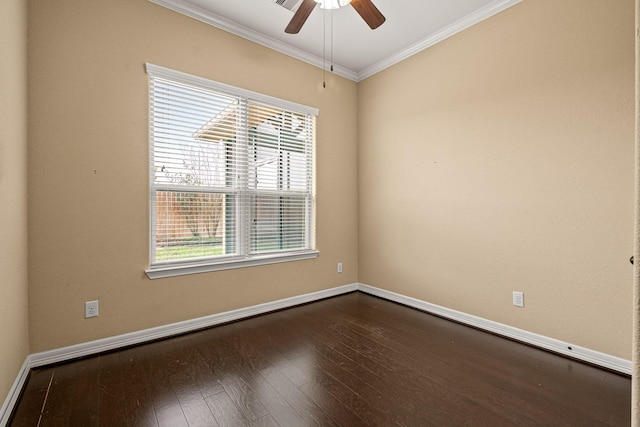 empty room featuring a ceiling fan, crown molding, baseboards, and dark wood-style flooring