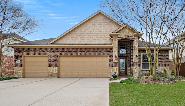 view of front facade featuring concrete driveway, brick siding, a garage, and stone siding