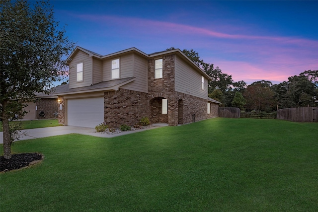 view of side of home featuring brick siding, concrete driveway, a garage, and fence