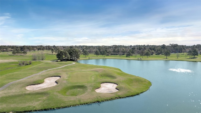 aerial view featuring a water view and view of golf course