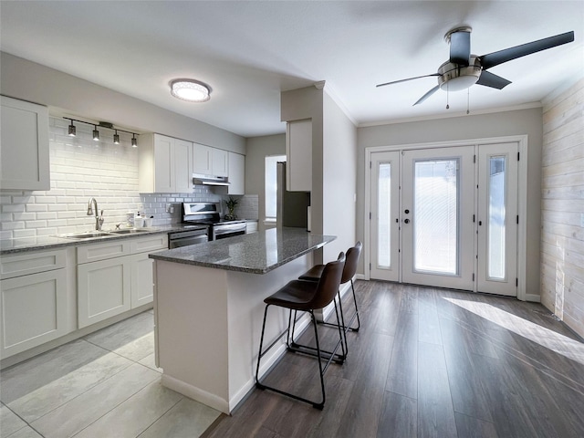 kitchen with under cabinet range hood, decorative backsplash, appliances with stainless steel finishes, a kitchen breakfast bar, and a sink