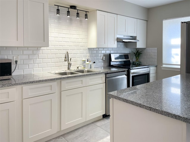 kitchen featuring under cabinet range hood, a sink, appliances with stainless steel finishes, white cabinets, and decorative backsplash