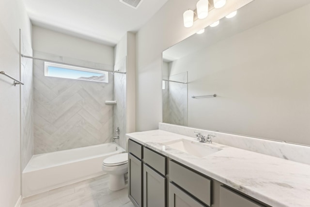 full bath with washtub / shower combination, toilet, visible vents, and vanity