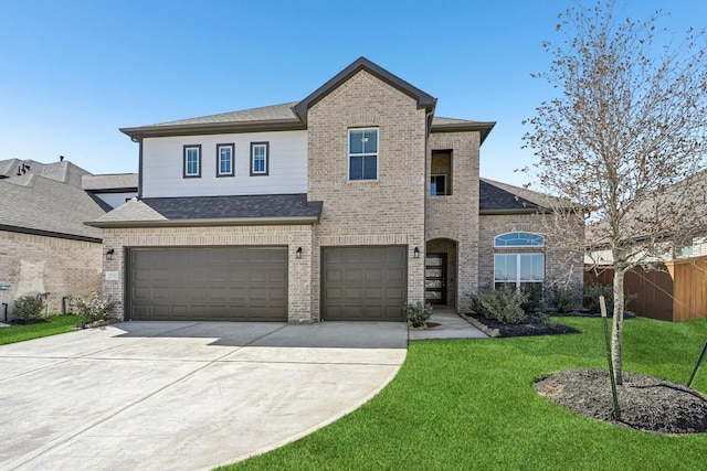 view of front of house featuring a front lawn, a garage, fence, and brick siding