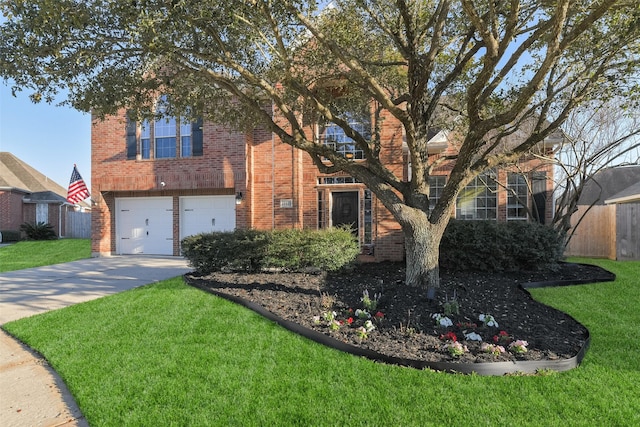 view of front of home featuring concrete driveway, a garage, brick siding, and a front lawn