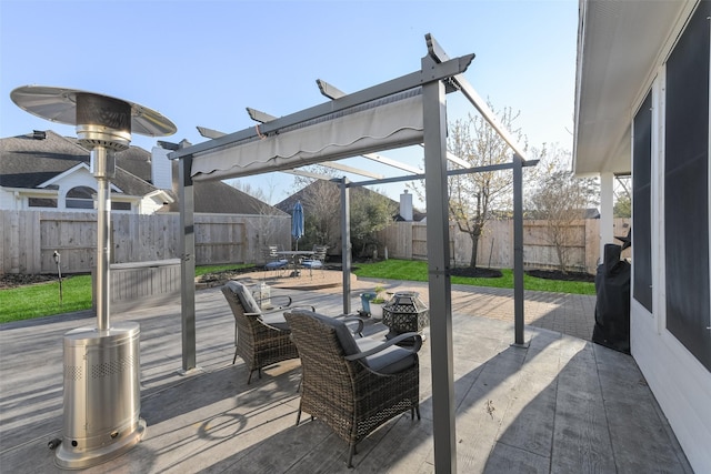 view of patio with outdoor dining area, a fenced backyard, and a pergola