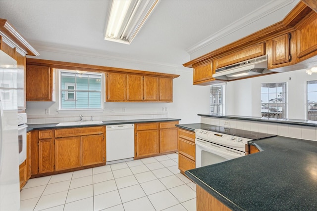 kitchen featuring under cabinet range hood, ornamental molding, brown cabinetry, white appliances, and a sink