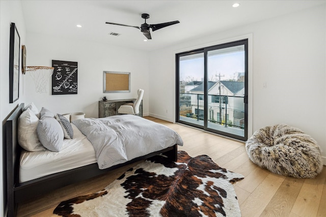 bedroom with access to exterior, visible vents, recessed lighting, light wood-style floors, and a ceiling fan