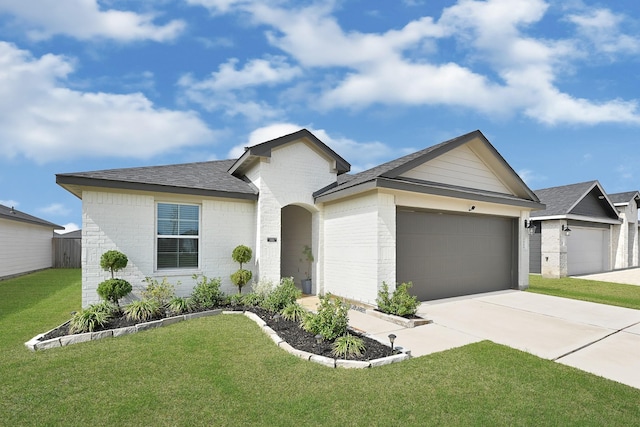 ranch-style house with brick siding, a shingled roof, a front lawn, concrete driveway, and a garage