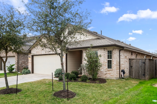 view of front facade with a garage, brick siding, concrete driveway, and a front lawn