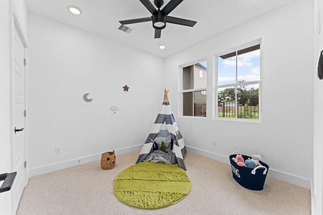 8305 Springwood Creek Ln, Houston, TX 77055 - game room with carpet floors, a ceiling fan, and recessed lighting