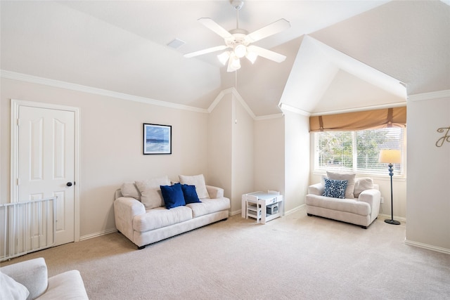 carpeted living room featuring visible vents, ornamental molding, baseboards, lofted ceiling, and ceiling fan