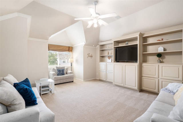 living room with baseboards, lofted ceiling, light colored carpet, and ceiling fan