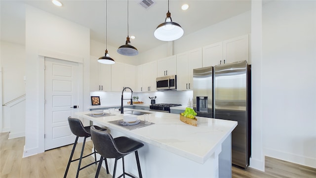 kitchen with visible vents, decorative backsplash, stainless steel appliances, white cabinetry, and a sink