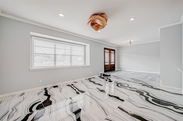 bedroom featuring crown molding, recessed lighting, french doors, and baseboards