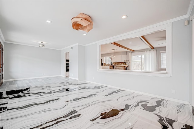 living room featuring recessed lighting, baseboards, and ornamental molding