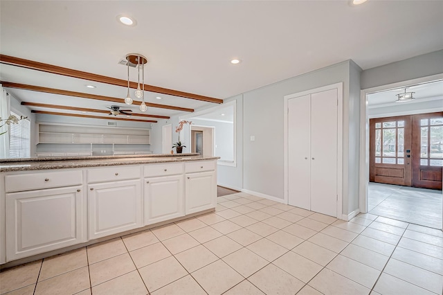 kitchen with white cabinets, recessed lighting, french doors, and beamed ceiling