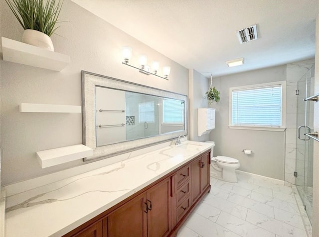 full bath with toilet, visible vents, marble finish floor, and a stall shower