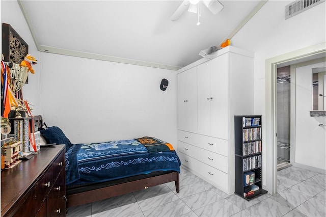 bedroom with visible vents, marble finish floor, and ceiling fan