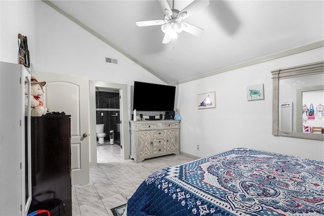 bedroom with visible vents, marble finish floor, crown molding, lofted ceiling, and ceiling fan