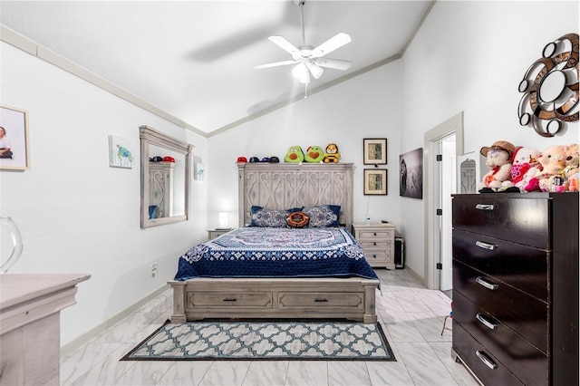 bedroom with crown molding, baseboards, ceiling fan, vaulted ceiling, and marble finish floor