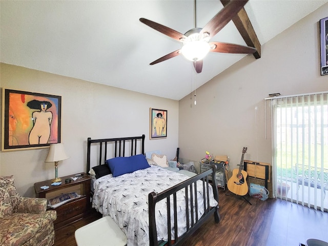 bedroom with wood finished floors, ceiling fan, and vaulted ceiling