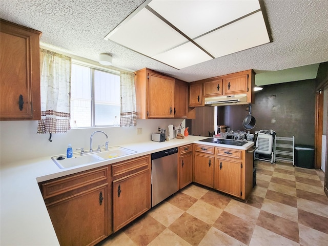 kitchen with a sink, under cabinet range hood, a peninsula, brown cabinetry, and dishwasher