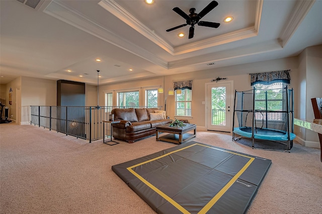 living area with a tray ceiling, carpet flooring, and ornamental molding