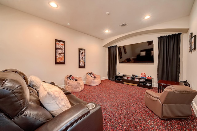 home theater room with recessed lighting, visible vents, baseboards, and carpet flooring