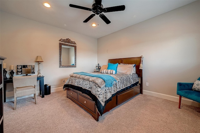 bedroom with a ceiling fan, recessed lighting, baseboards, and light carpet