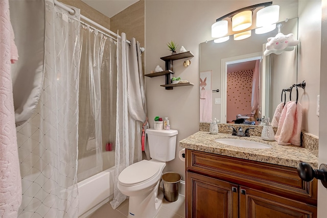 full bathroom with vanity, toilet, shower / bath combo, and tile patterned flooring